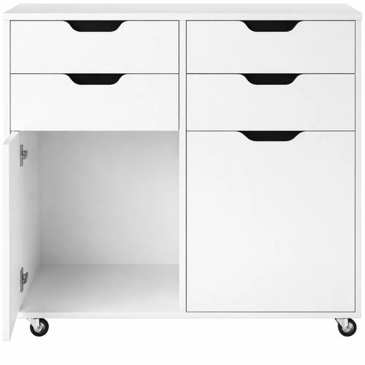 Caisson de Bureau Mobile avec Tiroirs et Portes, Rangement Moderne à Roulettes, Blanc