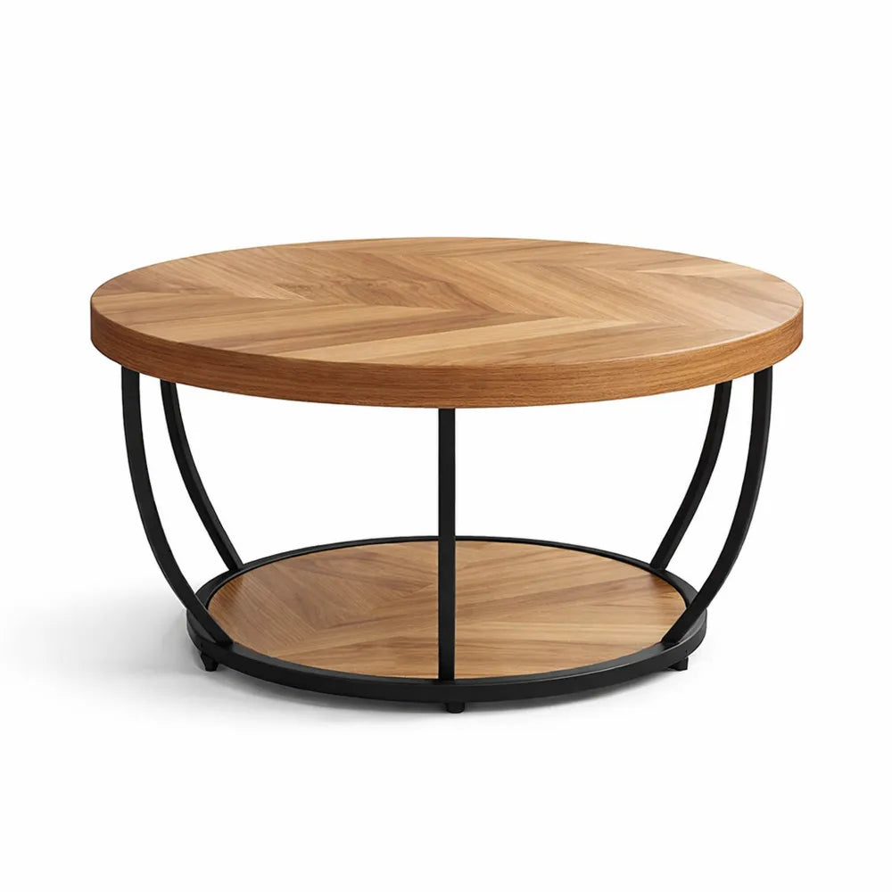Table basse ronde en bois avec cadre en métal, deux niveaux, design industriel