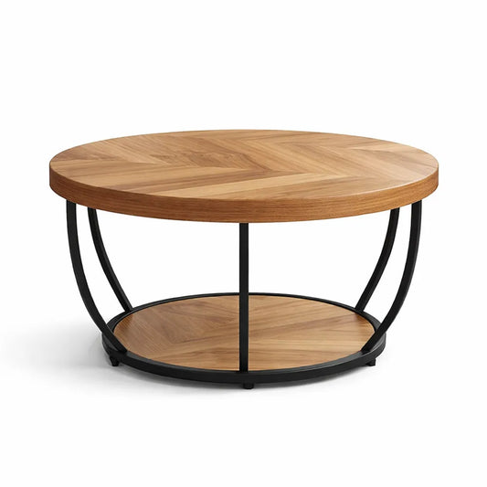 Table basse ronde en bois avec cadre en métal, deux niveaux, design industriel