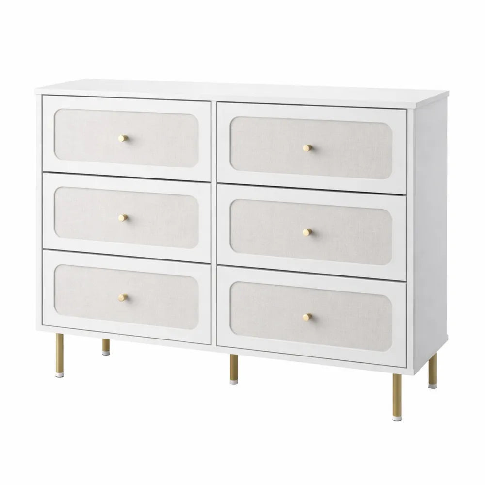 Commode Moderne 110 cm avec 6 Tiroirs en Tissu, Meuble de Rangement en Métal pour Salon et Chambre, Blanc-Or