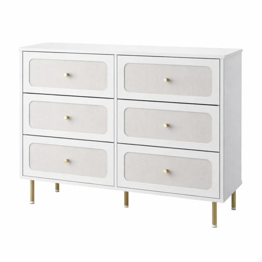 Commode Moderne 110 cm avec 6 Tiroirs en Tissu, Meuble de Rangement en Métal pour Salon et Chambre, Blanc-Or