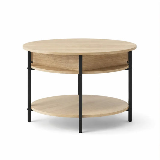 Table basse ronde avec rangement intégré et plateau relevable, design moderne