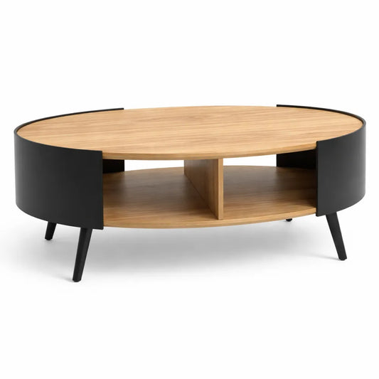 Table basse ovale 2 niveaux en métal noir avec plateau effet bois