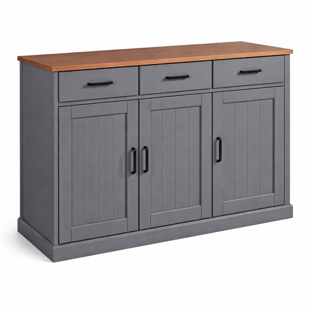Buffet en bois massif avec 3 portes et 3 tiroirs, style cottage