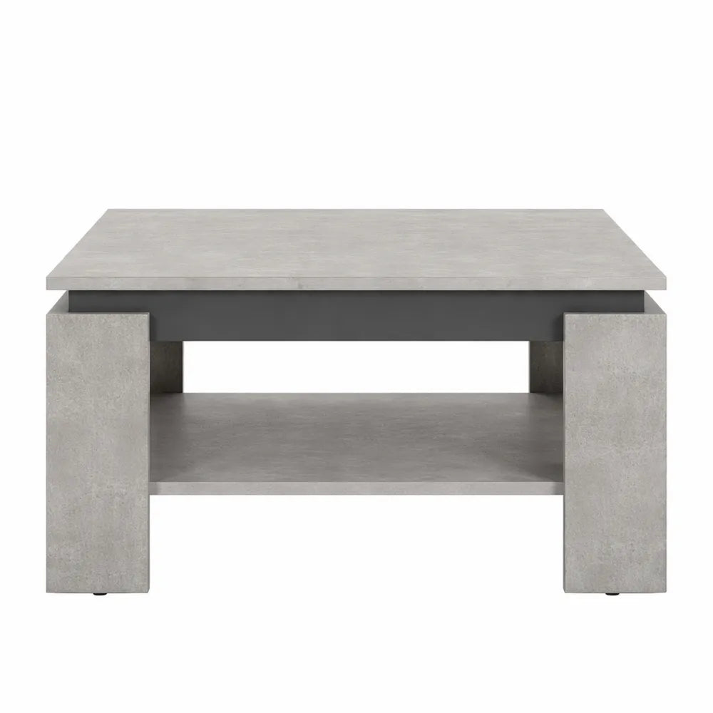 Table basse carrée en bois mélaminé, bordure contrastée, aspect béton