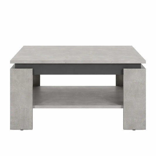 Table basse carrée en bois mélaminé, bordure contrastée, aspect béton